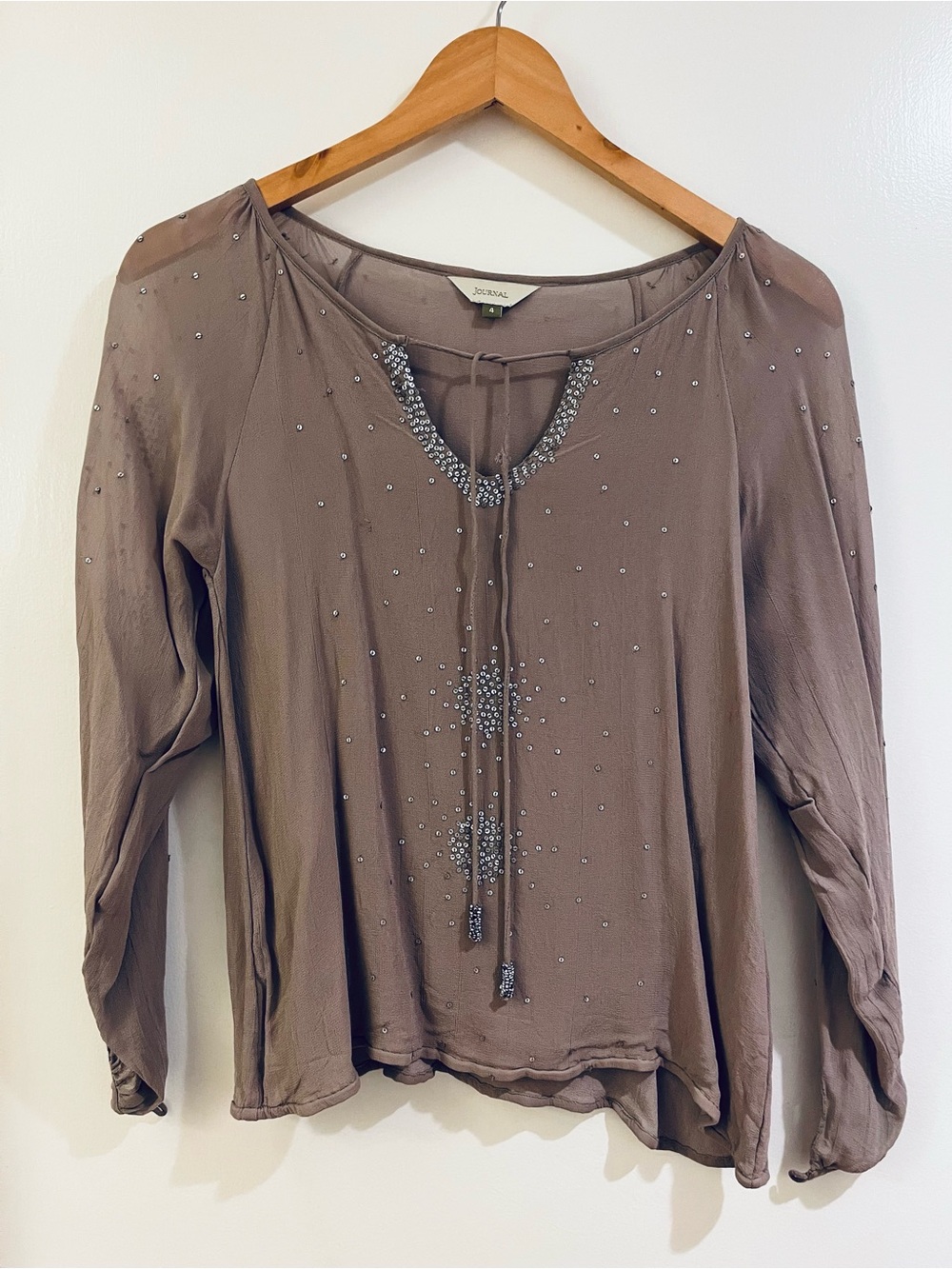 Beaded Tie-Neck Long-Sleeve Blouse